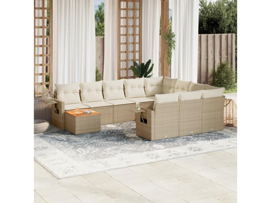 Salon de jardin 11 pcs avec coussins beige résine tressée