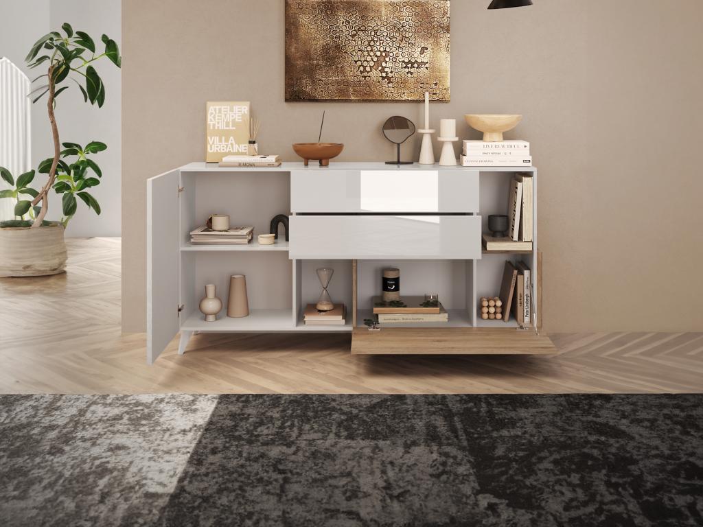 Buffet avec 2 portes 2 tiroirs et 2 niches - Naturel et blanc laqué - Vertchez