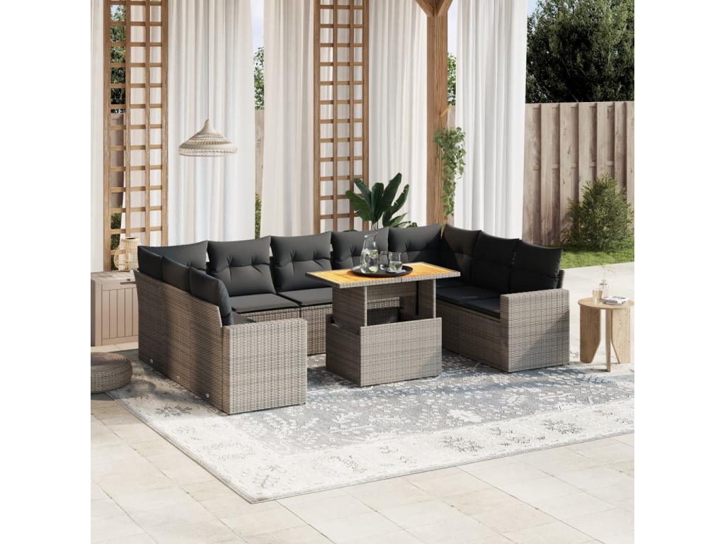 Salon de jardin avec coussins 10 pcs gris résine tressée