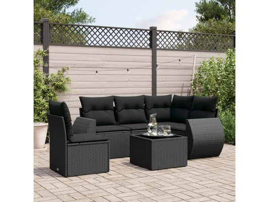 Salon de jardin 6 pièces avec coussins noir résine tressée