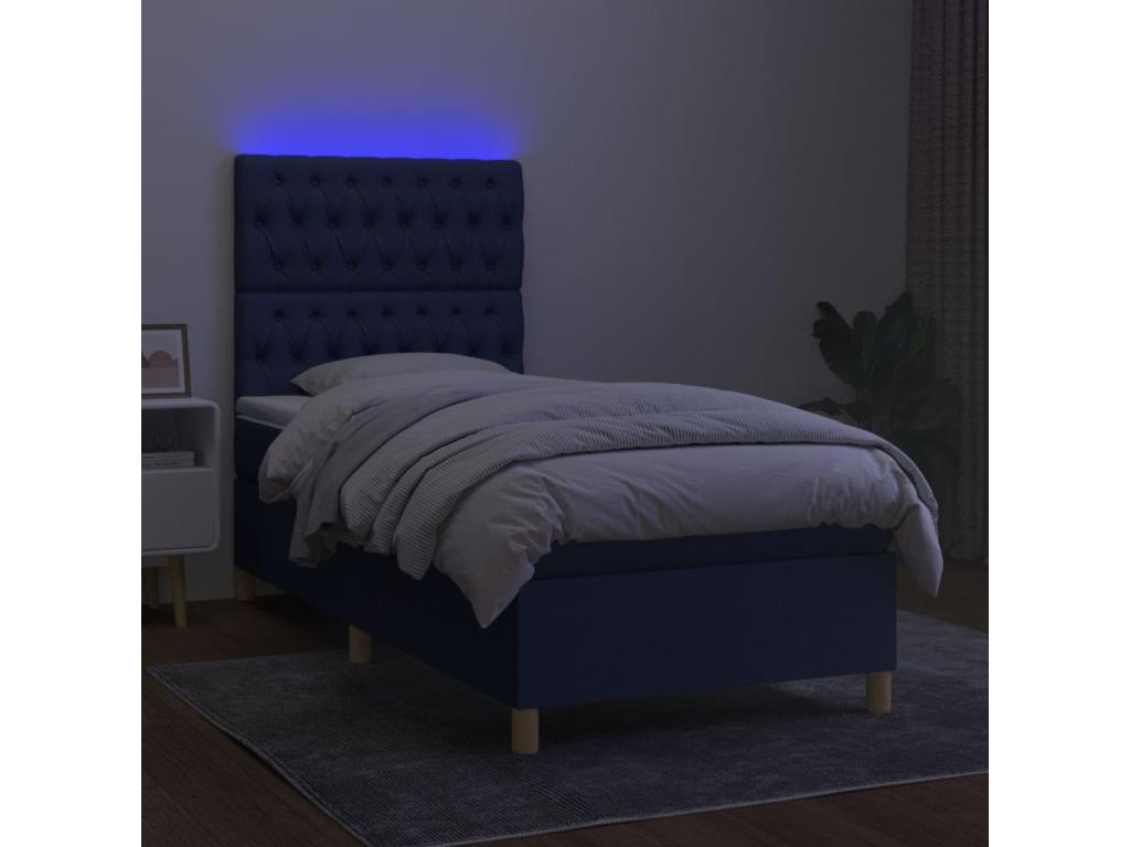 Sommier à Vertchez de lit et matelas et LED Bleu 90x200 cm Tissu