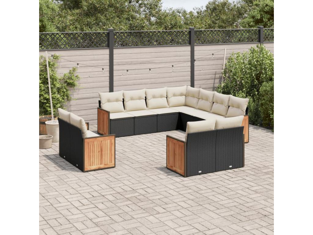 Salon de jardin 11 pcs avec coussins noir résine tressée