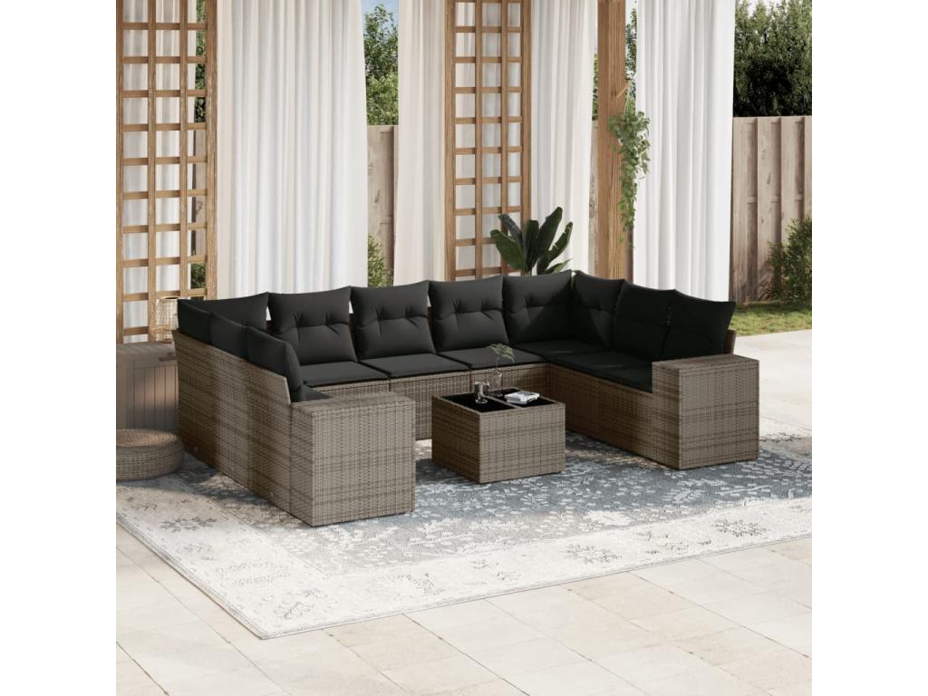 Salon de jardin avec coussins 10 pcs gris résine tressée