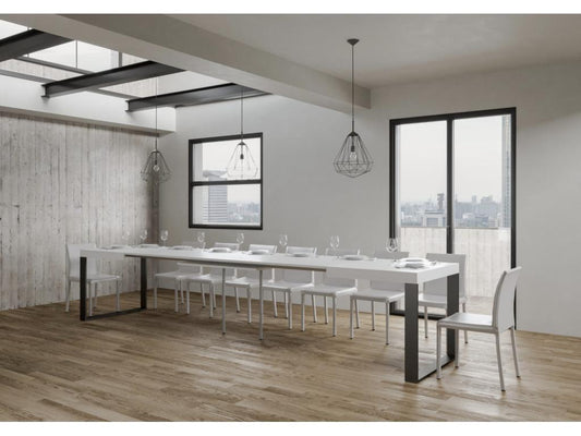 Table à manger extensible Meublita-Couleur Blanc-Support 4 pieds-5 rallonges fines-Largeur extensible 160 à 420cm