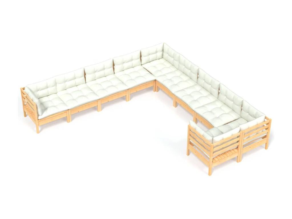 Salon de jardin 10 pcs avec coussins crème Bois de pin