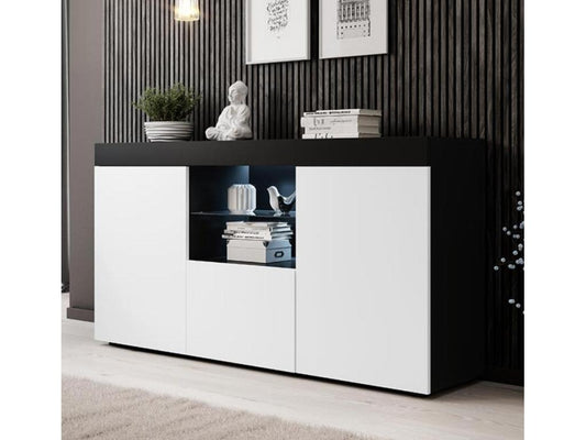 Bahut Buffet bas pour Salon Salle à manger en Noir et Blanc avec LED 150x40x80cm Natolia