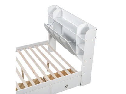 Lit double 140x200cm - en bois de pin et MDF - tête de rangement avec étagères ouvertes et 3 tiroirs - Blanc