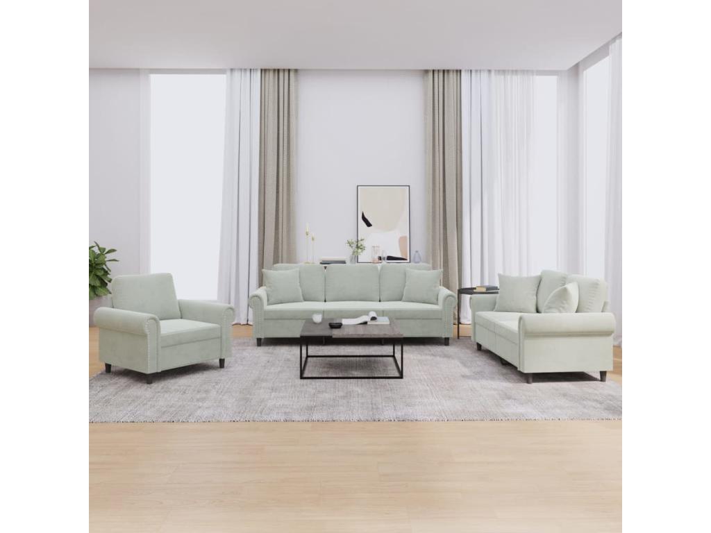 Ensemble de canapés 3 pièces avec coussins gris clair velours