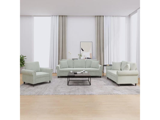 Ensemble de canapés 3 pièces avec coussins gris clair velours