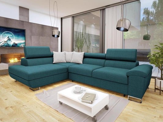 Canapé d'angle Vertchez 290 Turquoise Fonction de couchage Bo?te de literie 270x202cm