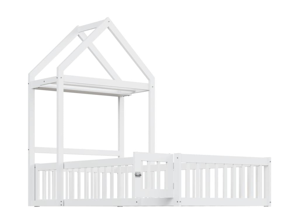 Lit cabane 90x200cm cadre en bois massif avec espace de rangement barrière de protection totale et portes et sommier inclus blanc
