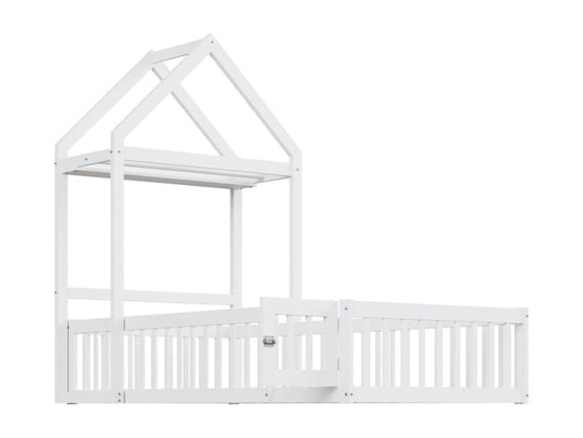 Lit cabane 90x200cm cadre en bois massif avec espace de rangement barrière de protection totale et portes et sommier inclus blanc