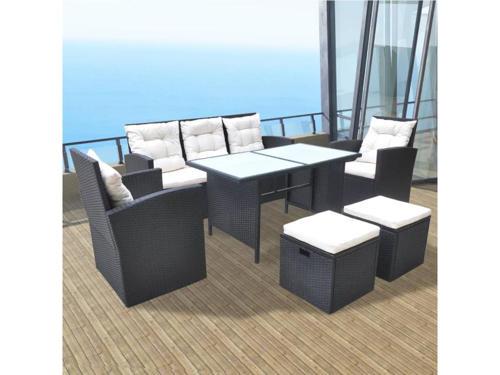 Mobilier à d?ner de jardin 6 pièces et coussins Résine tressée Noir