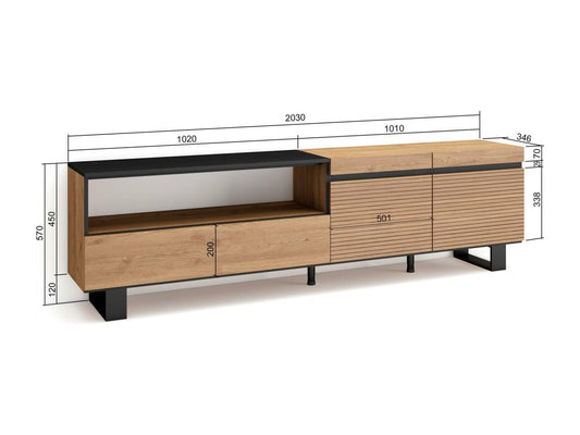 Meuble TV - Banc Télé 200x57x35cm Pour les TV jusqu'à 80 Design industriel Chêne