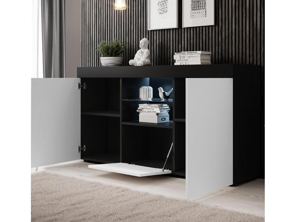 Bahut Buffet bas pour Salon Salle à manger en Noir et Blanc avec LED 150x40x80cm Natolia