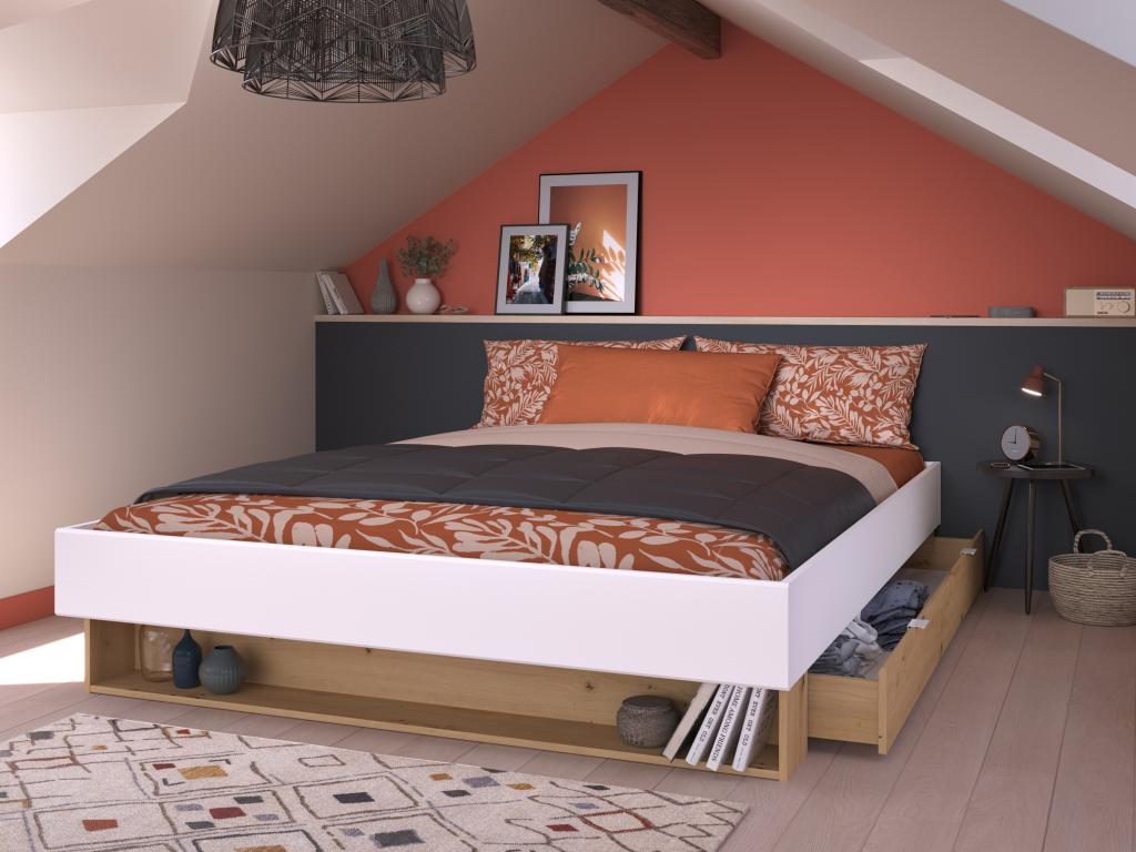 Lit avec tiroir et niche 160x200 cm - Coloris Blanc et naturel Sommier Matelas - Meublita