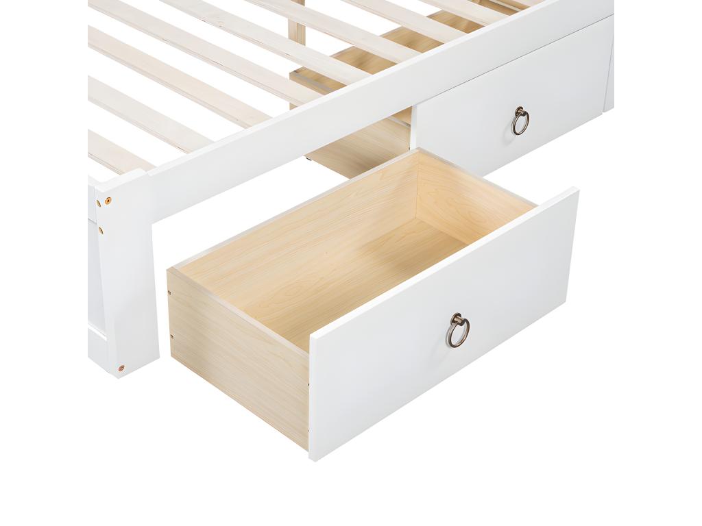 Lit double 140x200cm - en bois de pin et MDF - tête de rangement avec étagères ouvertes et 3 tiroirs - Blanc