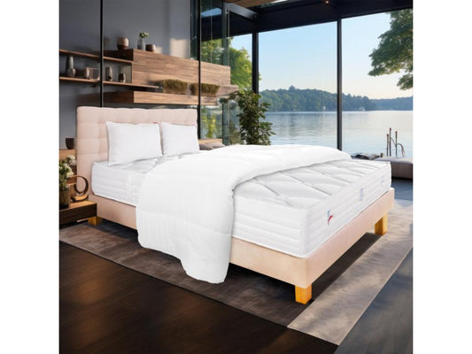 Ensemble Matelas Patriote Mousse 27cm ferme face été/hiver sommier beige ep20cm oreiller couette Tête de Lit 140x190cm