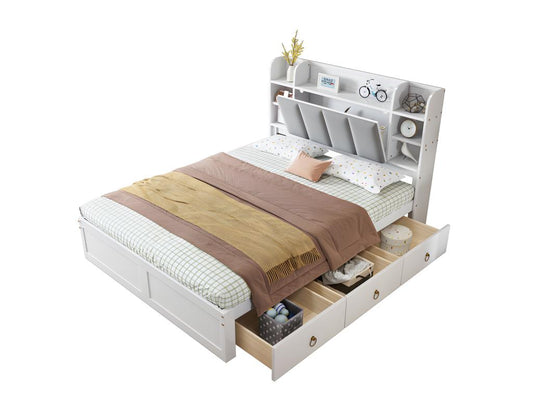 Lit double 140x200cm - en bois de pin et MDF - tête de rangement avec étagères ouvertes et 3 tiroirs - Blanc