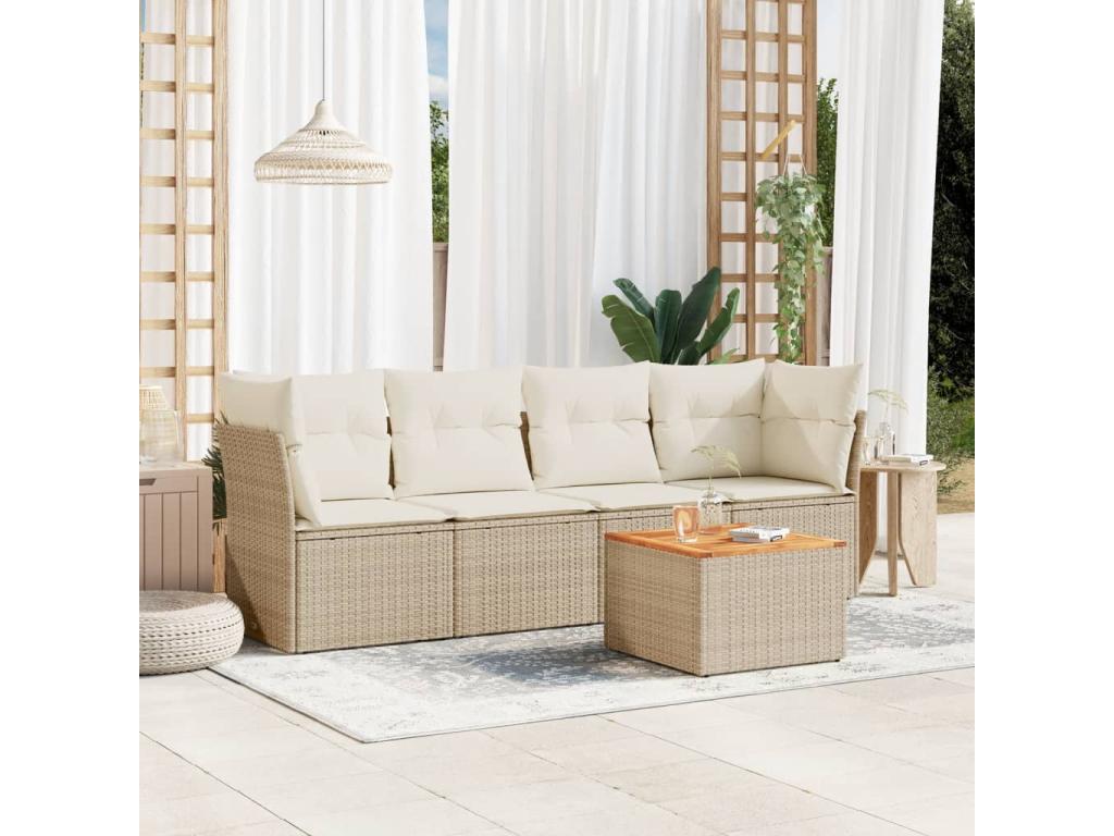 Salon de jardin avec coussins 5 pièces beige résine tressée
