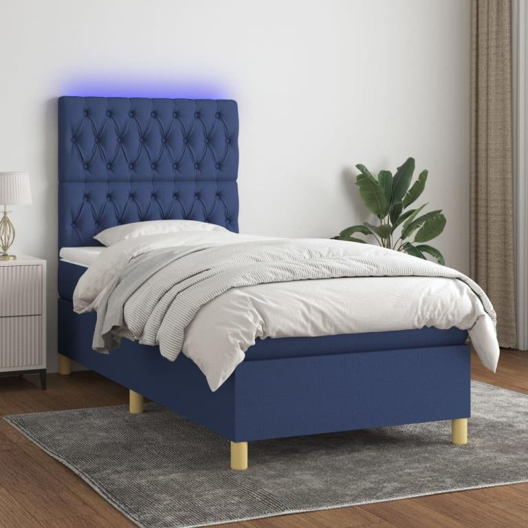 Sommier à Vertchez de lit et matelas et LED Bleu 90x200 cm Tissu