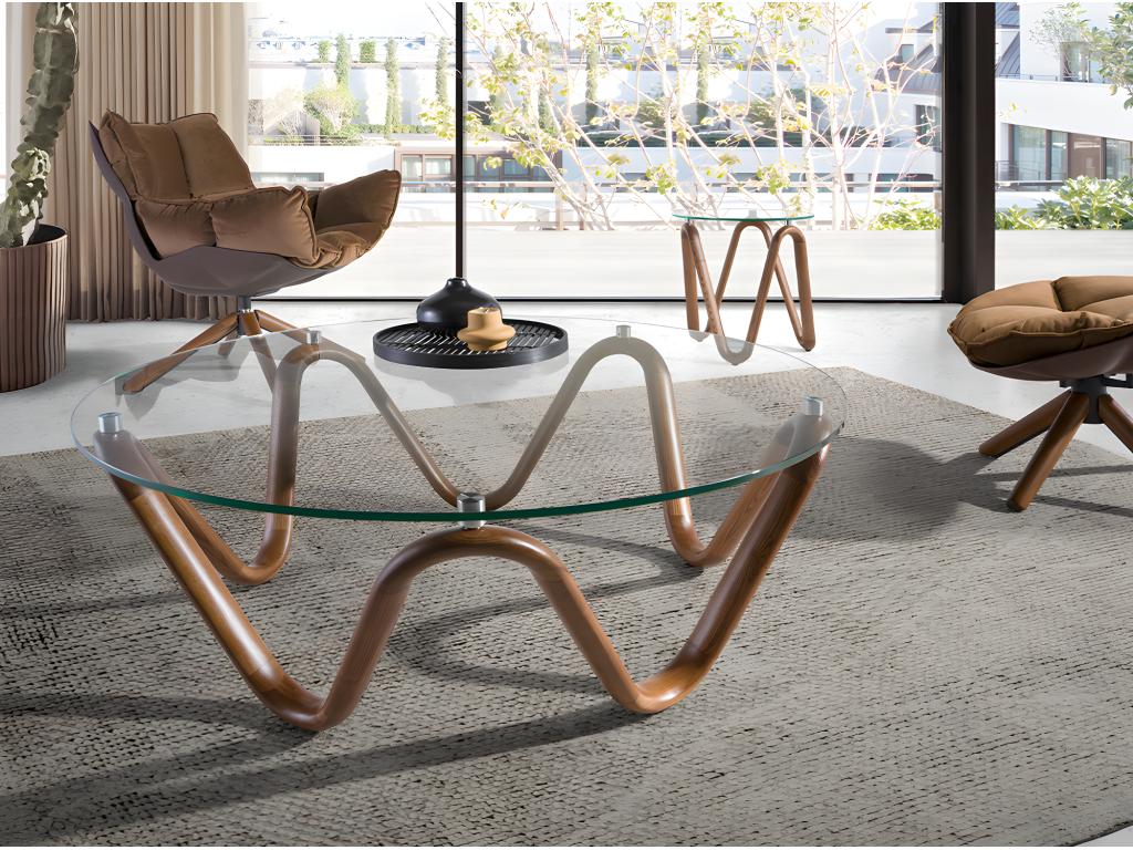 Table basse ronde en verre trempé et noyer 2124 Vertchez