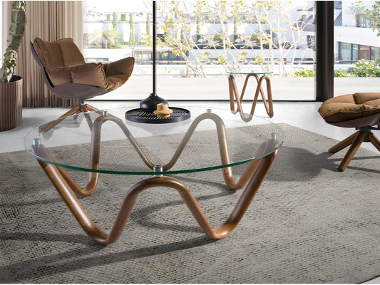 Table basse ronde en verre trempé et noyer 2124 Vertchez