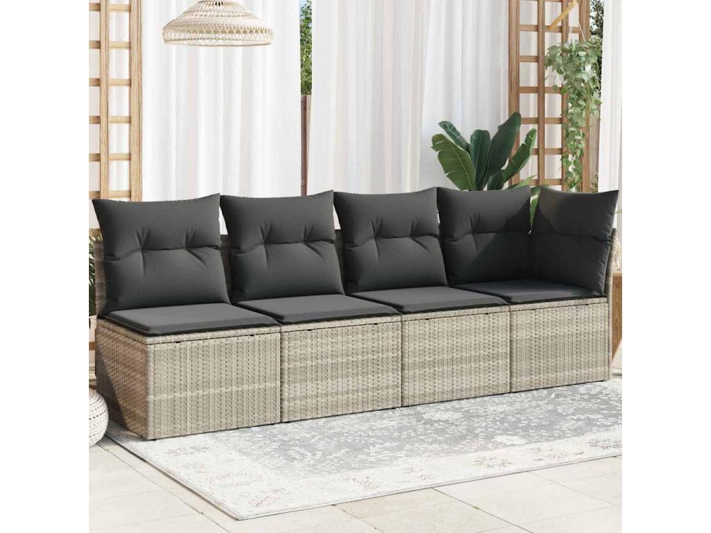 Canapé de jardin et coussins 4 places gris clair résine tressée