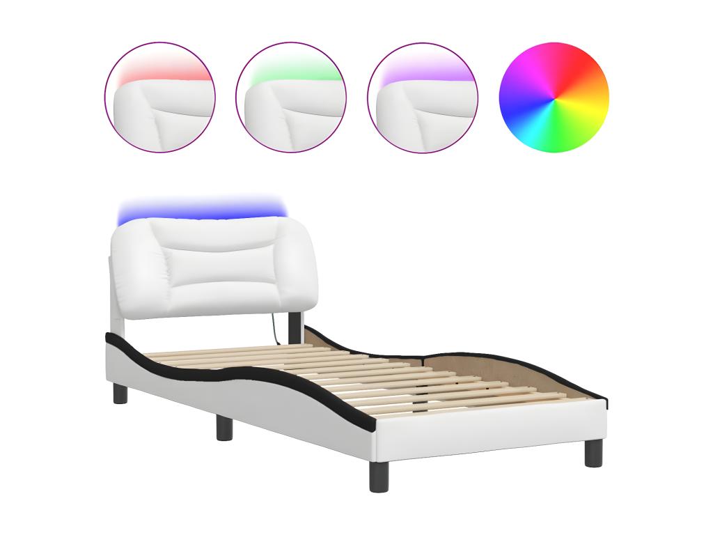 Cadre de lit avec Meublitaères LED blanc noir 90x200 cm similicuir