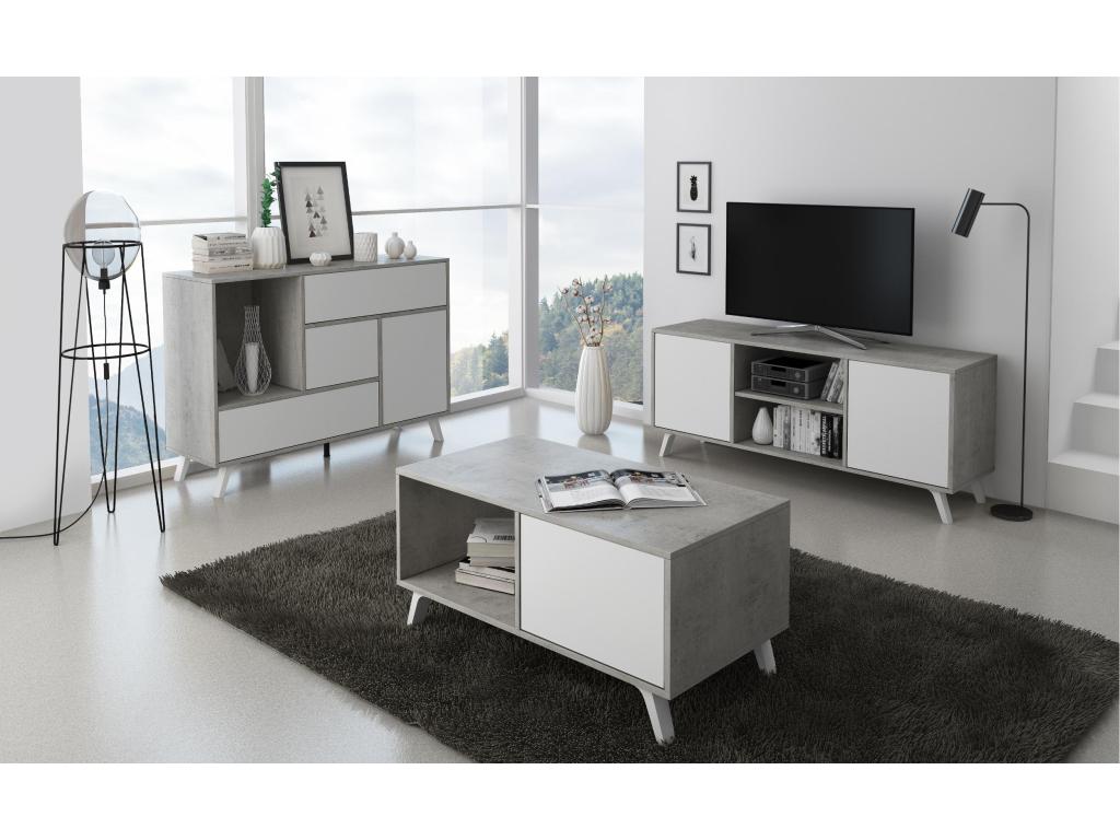Meuble TV 100 avec porte à gauche modèle Vertchez structure CIMENT porte Blanc Mat