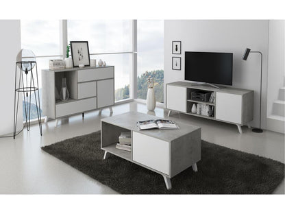 Meuble TV 100 avec porte à gauche modèle Vertchez structure CIMENT porte Blanc Mat