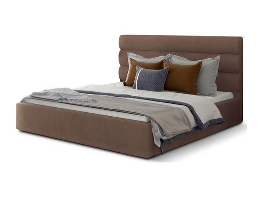 Lit design velours marron clair avec coffre de rangement Vertchez - 4 tailles-160x200