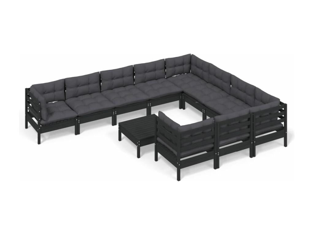 Salon de jardin 11 pièces avec coussins Noir Bois de pin
