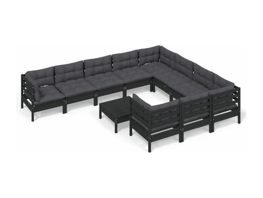 Salon de jardin 11 pièces avec coussins Noir Bois de pin