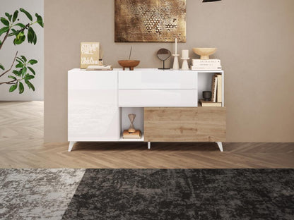 Buffet avec 2 portes 2 tiroirs et 2 niches - Naturel et blanc laqué - Vertchez