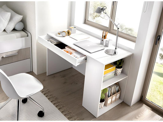 Meuble de bureau table de bureau pour enfant en bois mélaminé avec 1 étagère et 1 tiroir coloris blanc - Longueur 115 x Profondeur 50 x Hauteur 74 cm
