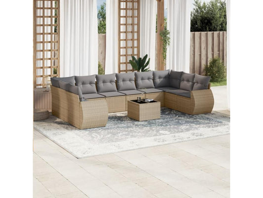 Salon de jardin 11 pcs avec coussins beige résine tressée
