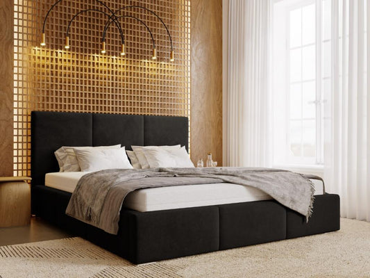 Lit rembourré avec rangement - 200x200 - lit double - velours - noir - Meublita