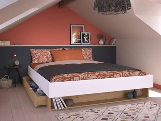 Lit avec tiroir et niche 160x200 cm - Coloris Blanc et naturel Sommier Matelas - Meublita