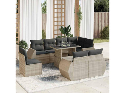 Salon de jardin 9 pcs avec coussins gris clair résine tressée
