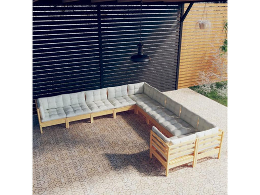 Salon de jardin 10 pcs avec coussins crème Bois de pin