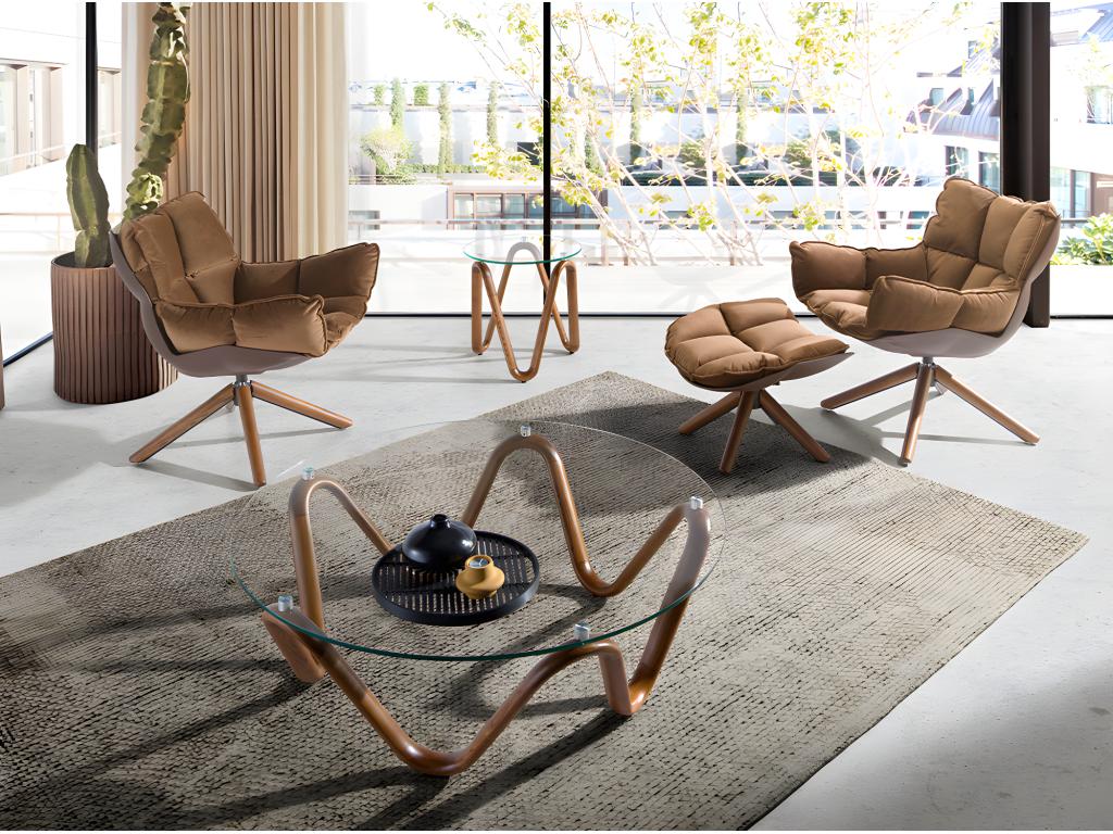 Table basse ronde en verre trempé et noyer 2124 Vertchez